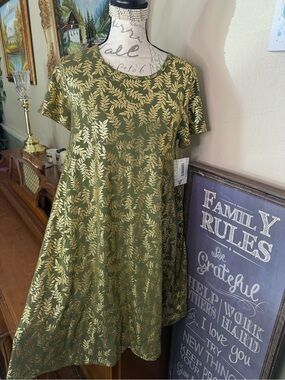 NWT LuLaRoe Carly Dress Olive Green Gold Leaf Print Size Small 55.00